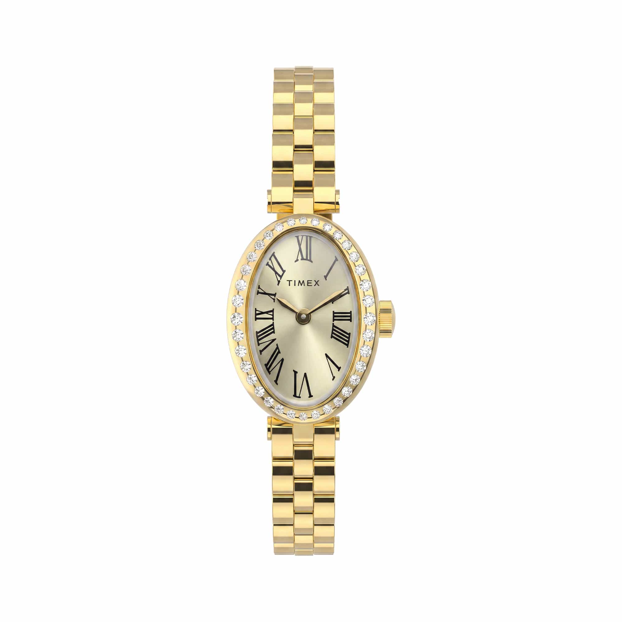 The Timex Cavatina Dress Watch TW2Y90100 features a champagne dial in an oval case, framed by a sparkling crystal-embellished bezel. The Gold PVD finish gives the case a warm, polished shine.