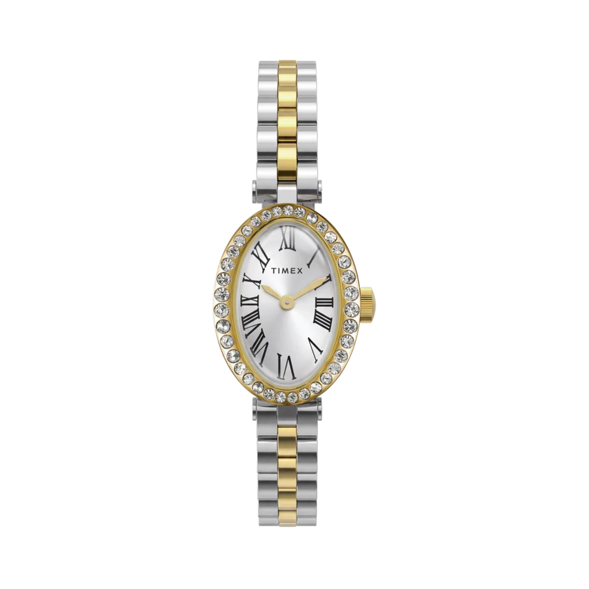 The Timex Cavatina Quartz 19mm Women’s Watch TW2Y90200 has a silver-tone dial with black Roman numerals and gold-tone hands. A crystal-lined gold-tone bezel frames the oval case.