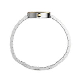 The Timex Cavatina Quartz 19mm Women’s Watch TW2Y90200 shows its slim 8mm oval case and domed mineral crystal from the side. The crystal-lined bezel catches the light around the dial.