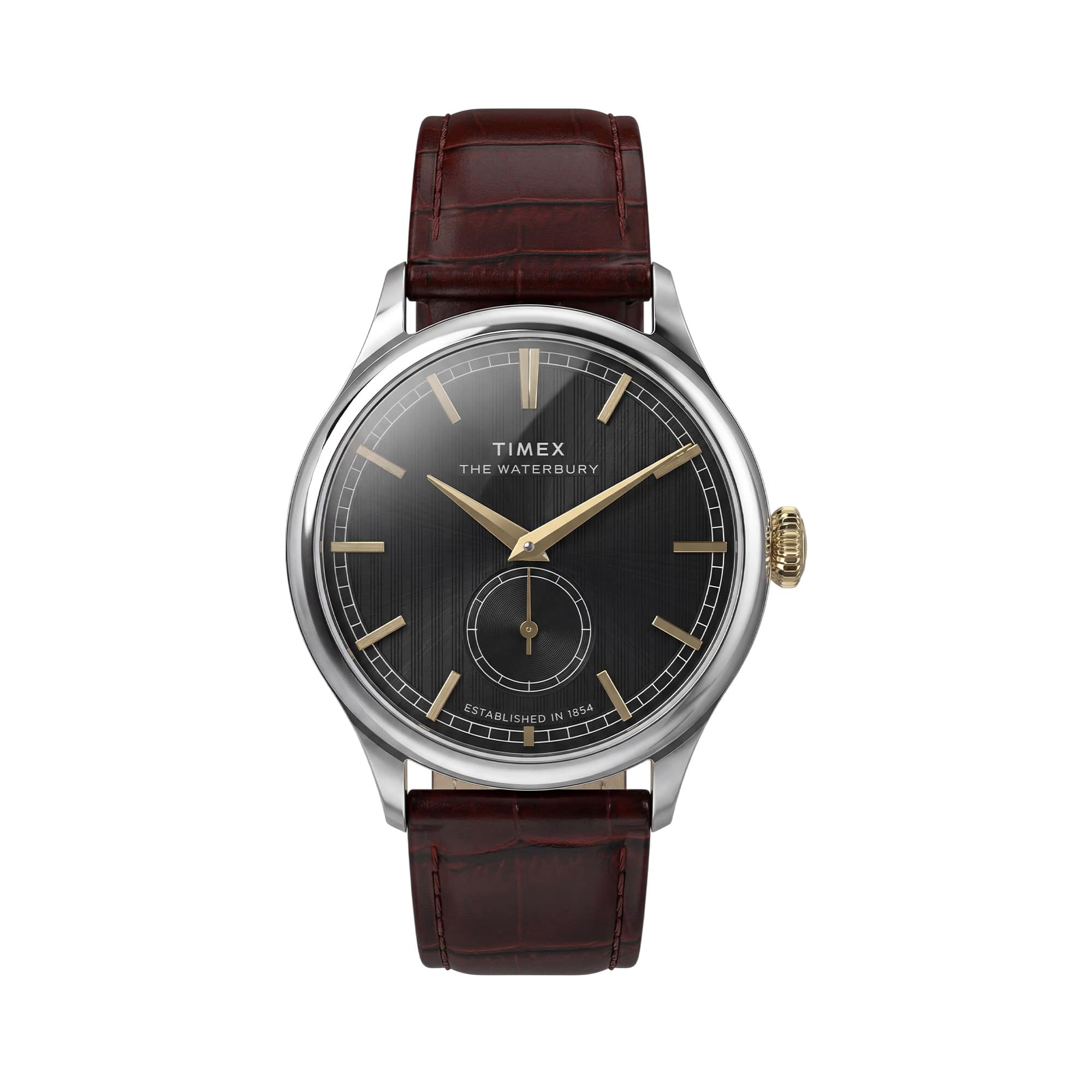 The Timex Waterbury Traditional Quartz 39mm Watch TW2Y92100 features a textured black dial with a pronounced gold-tone handset and matching hour markers. A sub-second dial sits at 6 o'clock.