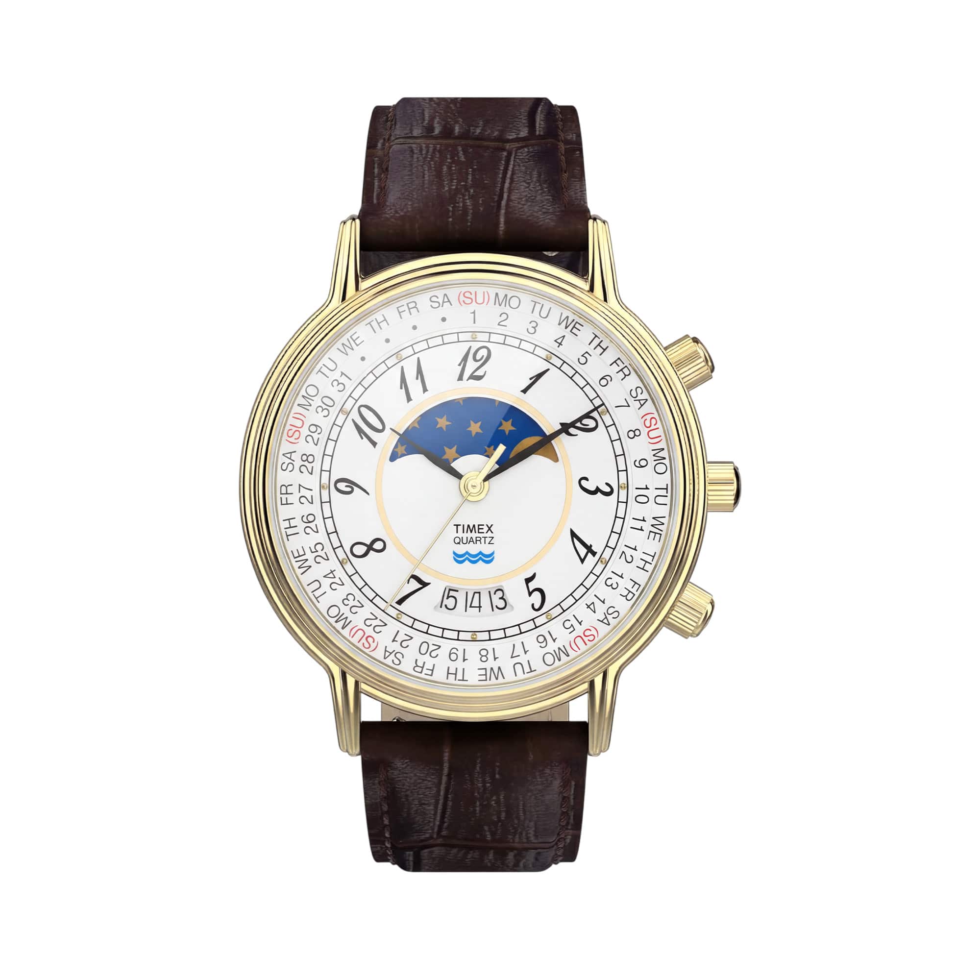 The Timex 1990 Reissue Moon Phase Quartz 37mm Watch TW2Y99000 features a white dial with a blue moon phase display and gold stars at 12 o'clock. Bold Arabic numerals and a rotating day-of-week ring complete the calendar-focused layout.