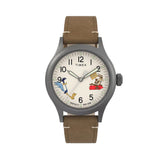 The Timex x Looney Tunes Expedition Quartz 40mm Watch TW2Y99400 has a warm brown dial showing Road Runner and Wile E. Coyote artwork. Arabic numeral hour markers sit inside the gunmetal-tone case.