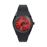 The Timex x Harry Potter Sorcerer’s Stone 38mm Quartz Watch TW2Y99700 has a fiery red dial inspired by the Sorcerer’s Stone and a red wand-shaped second hand. A day and date window sits at 3 o’clock inside the black IP-coated case.