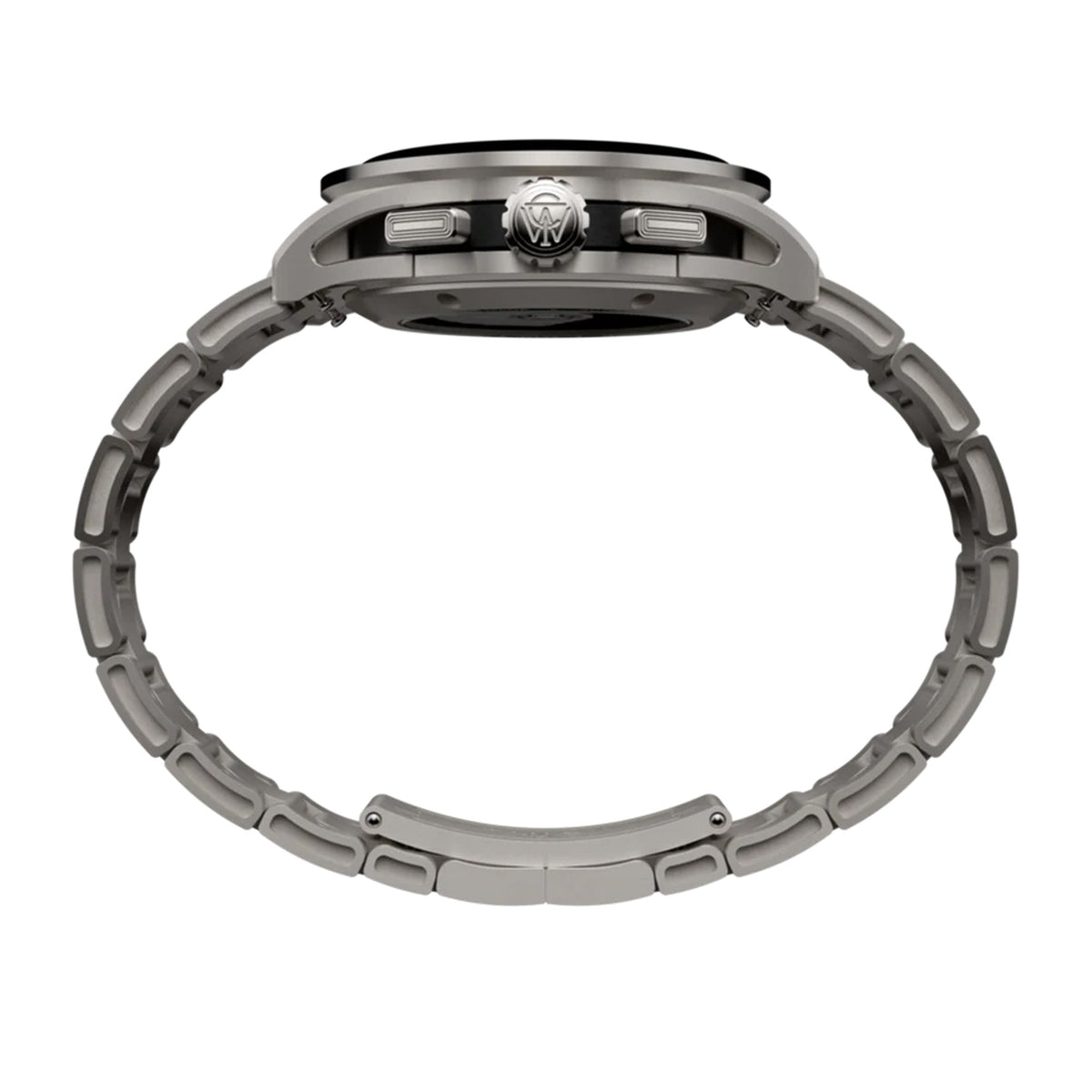 The Timex Atelier Chronograph Automatic M1a Ti Men's 42mm Watch TW6A02700 shows off its double-domed sapphire crystal, black IP-coated bezel insert, and titanium crown.