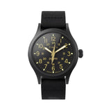 The Timex x Harry Potter Bolt Expedition Scout Quartz 40mm Watch TW6A05700 has a black dial with Arabic numerals and luminant hands and markers. A lightning bolt replaces the usual second hand, nodding to Harry’s scar.