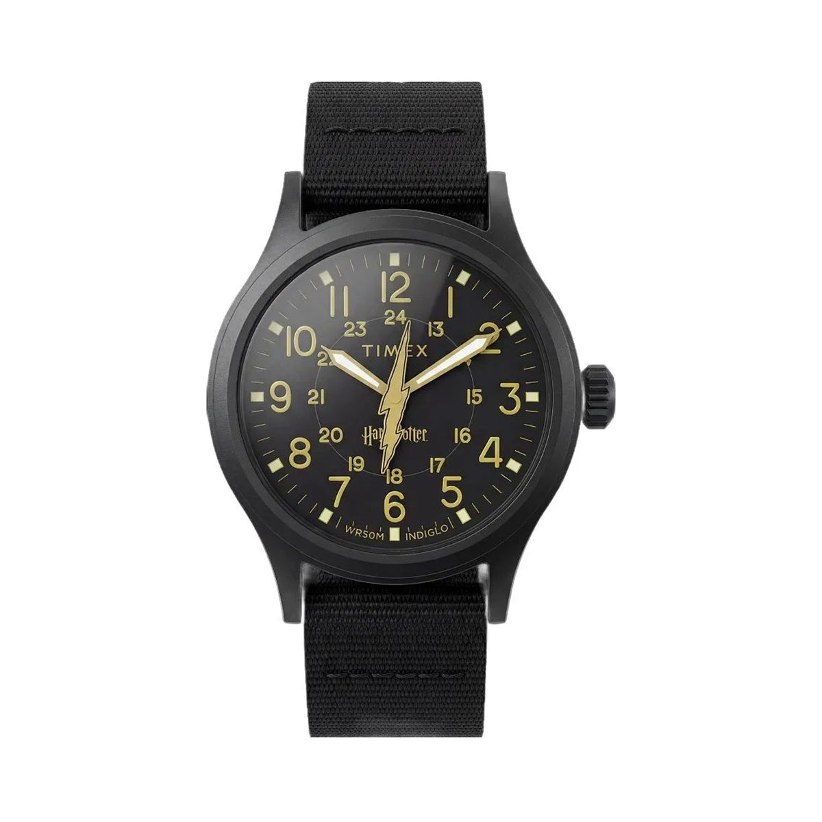 The Timex x Harry Potter Bolt Expedition Scout Quartz 40mm Watch TW6A05700 has a black dial with Arabic numerals and luminant hands and markers. A lightning bolt replaces the usual second hand, nodding to Harry’s scar.