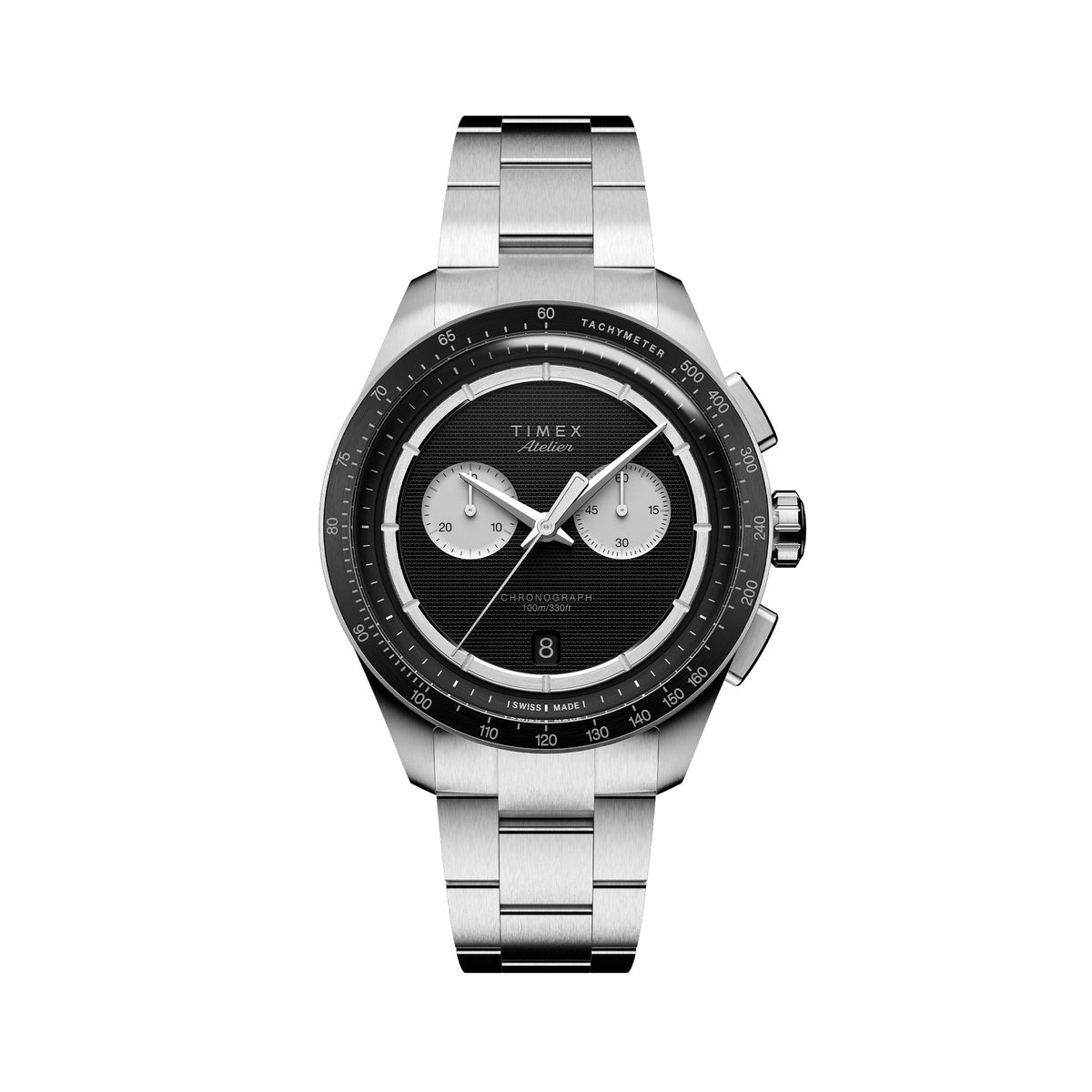 The Timex Atelier Quartz Chronograph Men's 40mm Watch TW6A06900 features a guilloché-engraved black dial with dual sub-dials, a date window, and a tachymeter scale on the top ring.