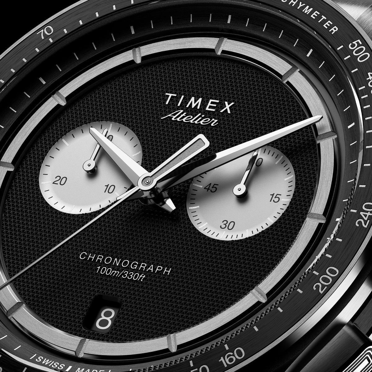 The Timex Atelier Quartz Chronograph Men's 40mm Watch TW6A06900 suits considered, design-led dressing, worn for the office or elevated everyday wear. The black guilloché dial and steel bracelet bring refined sophistication to any outfit.
