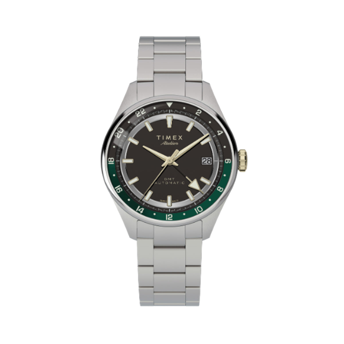 The Timex Atelier GMT Premiere M1a TW6A07200 features a black dial with full markers, framed by a brushed 38mm round stainless steel case. A double-curved sapphire crystal sits over the dial for exceptional clarity.