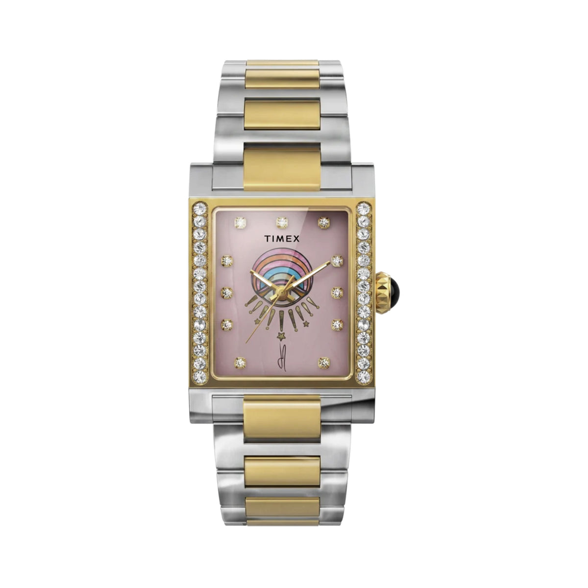The Timex x Jacquie Aiche Éclat Quartz Women's 24mm Watch TW6A15000 has a natural rose quartz dial in a soft pink, with Jacquie Aiche's tribe eye motif at the centre. A bezel set with 28 hand-set crystals frames the rectangular case.