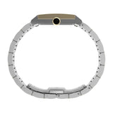 The Timex x Jacquie Aiche Éclat Quartz Women's 24mm Watch TW6A15000 shows its slim two-tone stainless steel case from the side. A black detail on the crown adds contrast to the gold-tone and silver-tone finish.