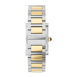 The Timex x Jacquie Aiche Éclat Quartz Women's 24mm Watch TW6A15000 has a two-tone stainless steel bracelet that closes with a butterfly clasp. The clasp gives a secure, seamless fit on the wrist.