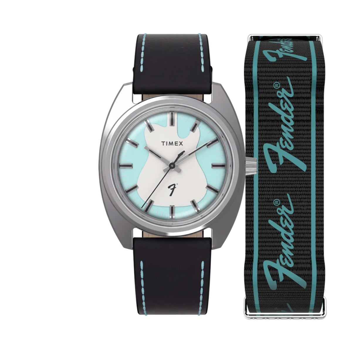 The Timex x Fender Quartz 37mm Watch TWG068900 has a blue dial with aqua accents and applied markers. Its second hand has a Telecaster headstock at the base, and the Fender logo sits above 6 o'clock.
