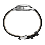 The Timex x Fender Quartz 37mm Watch TWG068900 shows its polished silver-tone stainless steel case from the side. The crown is engraved with the Fender logo.