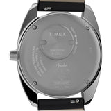 The Timex x Fender Quartz 37mm Watch TWG068900 has a case back engraved with the Telecaster 75th Anniversary logo. A battery-powered quartz analog movement sits inside the stainless steel case.
