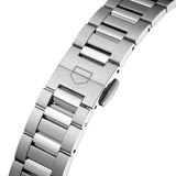 TAG Heuer Carrera Date WBN2317.BA0001 photographed in close-up focusing on the steel bracelet's polished and brushed link detailing. The case is partially visible at the top of the frame, connecting to the bracelet via the lugs.