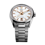 TAG Heuer Carrera Date WBN231C.BA0001 photographed at an angle highlighting the mother-of-pearl dial's diamond flange and rose gold-plated hands. The steel bracelet curves away from the lugs, showing its link construction.