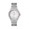 TAG Heuer Carrera Date WBN231E.BA0001 shown face-on with its mother-of-pearl dial and diamond-set bezel fully visible. The H-shaped steel bracelet is displayed straight down, showing its polished and brushed link pattern.
