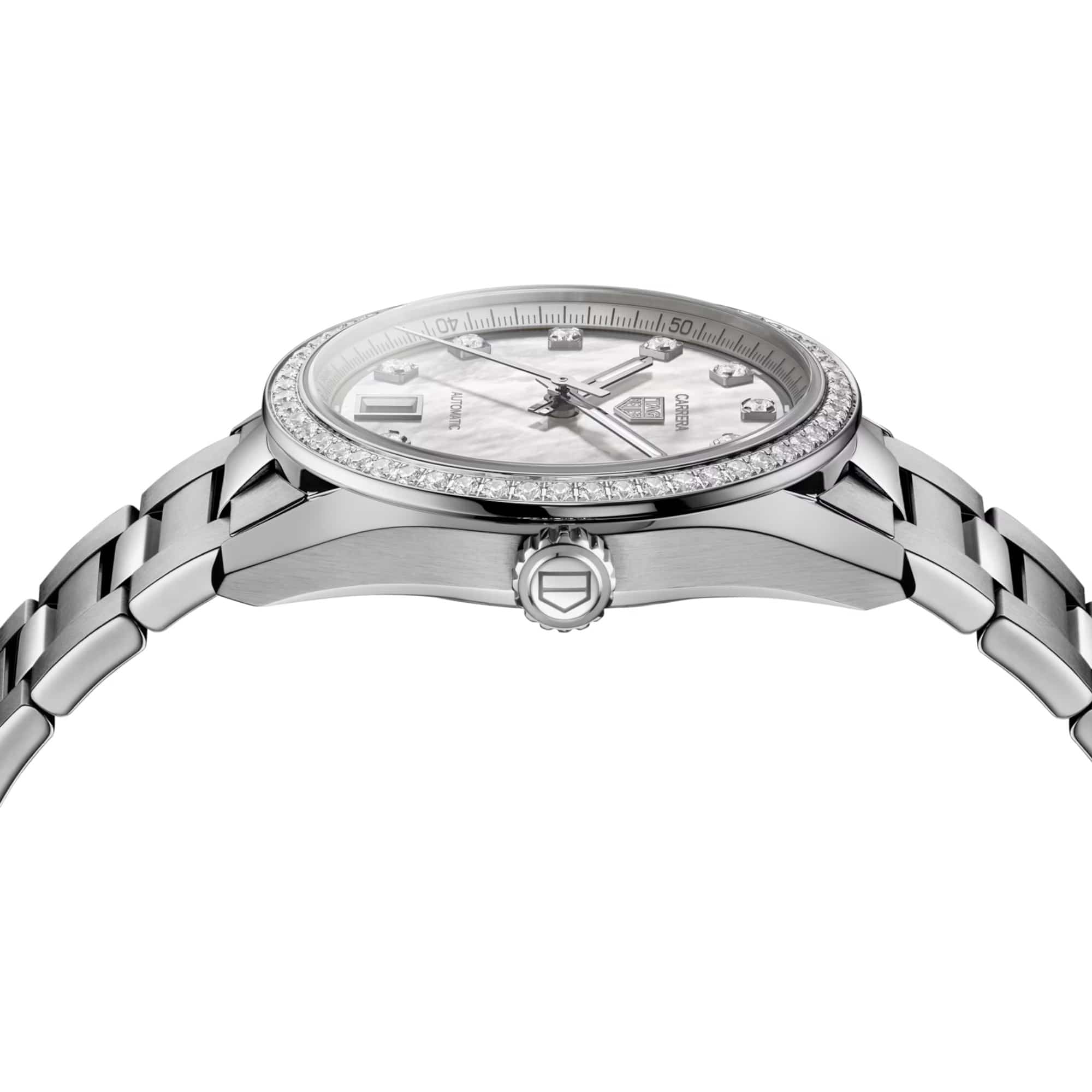TAG Heuer Carrera Date WBN231E.BA0001 photographed from a side profile, showing the case thickness and push-pull crown. The steel bracelet and diamond-set bezel are visible together in frame.