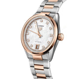 TAG Heuer Carrera Date WBN2351.BD0000 photographed at an angle highlighting the mother-of-pearl dial's diamond-set flange and rose gold bezel. The two-tone bracelet curves away from the lugs, showing its link construction.