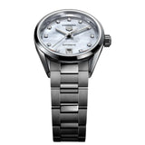 TAG Heuer Carrera Date WBN2412.BA0621 photographed in close-up focusing on the steel bracelet's polished and brushed link detailing. The case is partially visible at the top of the frame, connecting to the bracelet via the lugs.