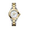 TAG Heuer Aquaracer Professional 200 Solargraph WBP1326.BB0004 shown face-on with its white mother-of-pearl dial and gold-plated bezel fully visible. The two-tone bracelet is displayed straight down, showing its fine-brushed and polished link pattern.