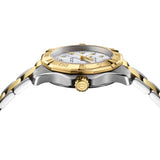 TAG Heuer Aquaracer Professional 200 Solargraph WBP1326.BB0004 photographed from a side profile, showing the case thickness and gold-plated screw-down crown. The two-tone bracelet and turning bezel are visible together in frame.