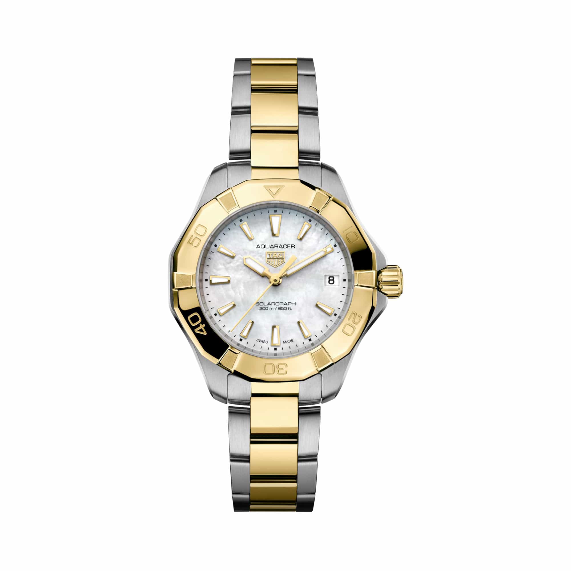 TAG Heuer Aquaracer Professional 200 Solargraph WBP1327.BB0004 shown face-on with its white mother-of-pearl dial and gold-plated bezel fully visible. The two-tone bracelet is displayed straight down, showing its fine-brushed and polished link pattern.