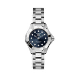 TAG Heuer Aquaracer Professional 100 Solargraph WBP141E.BA0049 steel watch with blue diamond dial and solar-powered quartz movement.