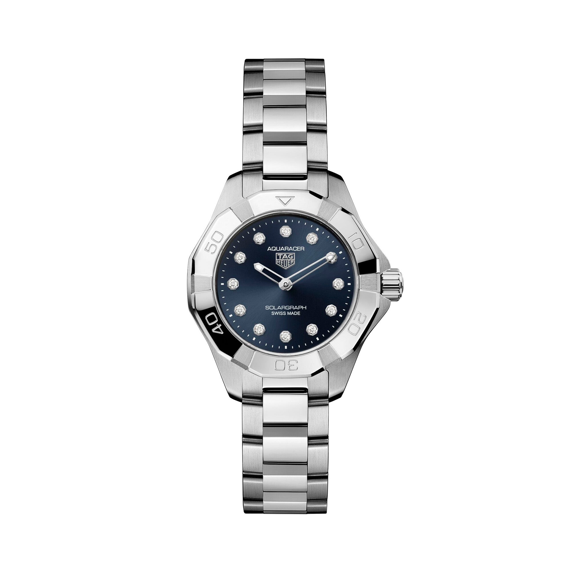 TAG Heuer Aquaracer Professional 100 Solargraph WBP141E.BA0049 steel watch with blue diamond dial and solar-powered quartz movement.