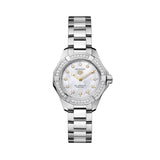 TAG Heuer Aquaracer Professional 100 Solargraph WBP141J.BA0049 steel watch with diamond-set bezel, white mother-of-pearl dial, and solar-powered quartz movement.