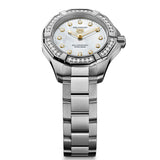 TAG Heuer Aquaracer Professional 100 Solargraph WBP141J.BA0049 steel watch with diamond-set bezel, white mother-of-pearl dial, and solar-powered quartz movement.