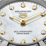 TAG Heuer Aquaracer Professional 100 Solargraph WBP141J.BA0049 steel watch with diamond-set bezel, white mother-of-pearl dial, and solar-powered quartz movement.