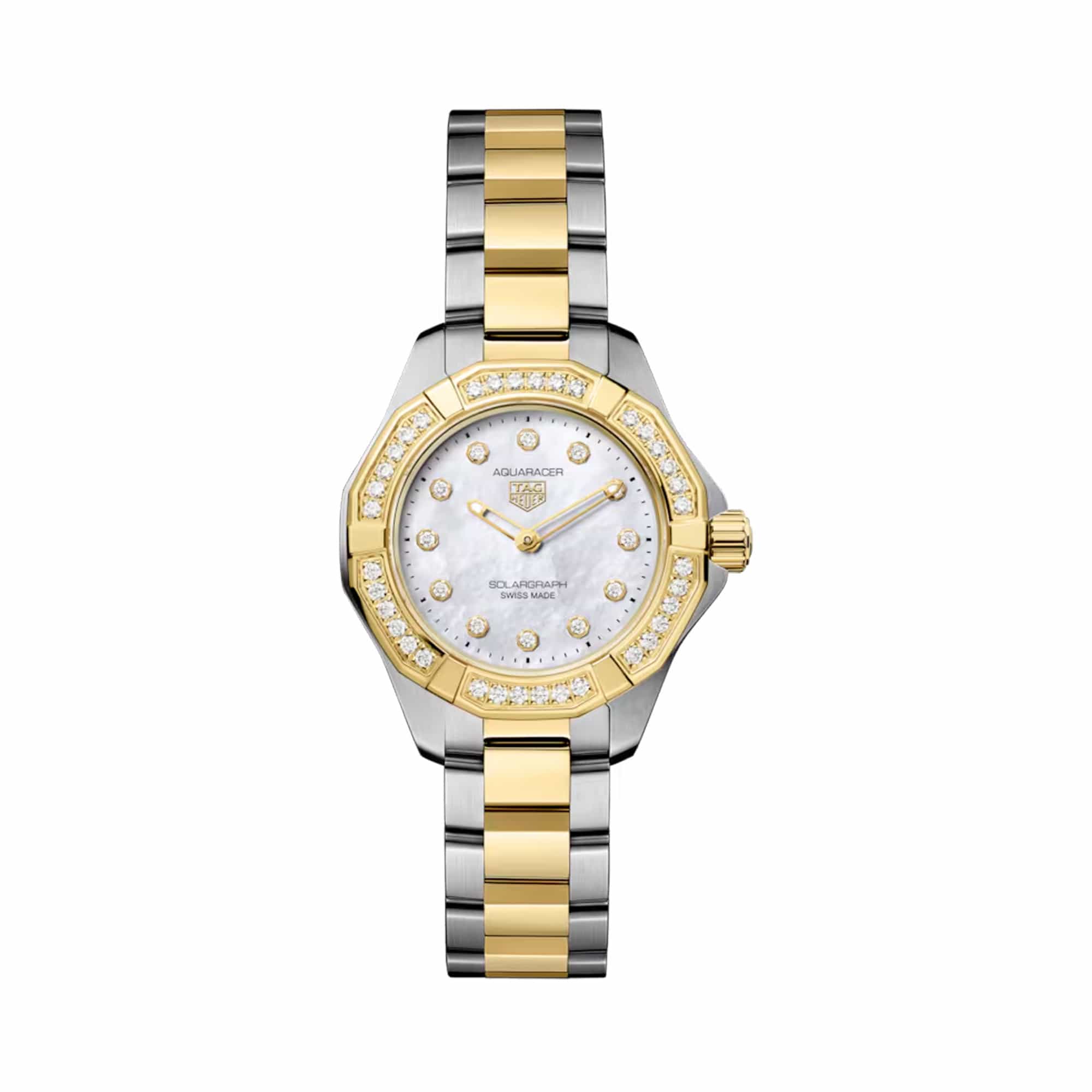 TAG Heuer Aquaracer Professional 100 Solargraph WBP1420.BB0006 shown face-on with its mother-of-pearl dial and diamond-set bezel fully visible. The two-tone bracelet is displayed straight down, showing its fine-brushed and polished link pattern.