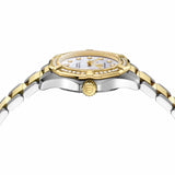 TAG Heuer Aquaracer Professional 100 Solargraph WBP1420.BB0006 photographed from a side profile, showing the case thickness and gold-plated crown. The two-tone bracelet and diamond-set bezel are visible together in frame.