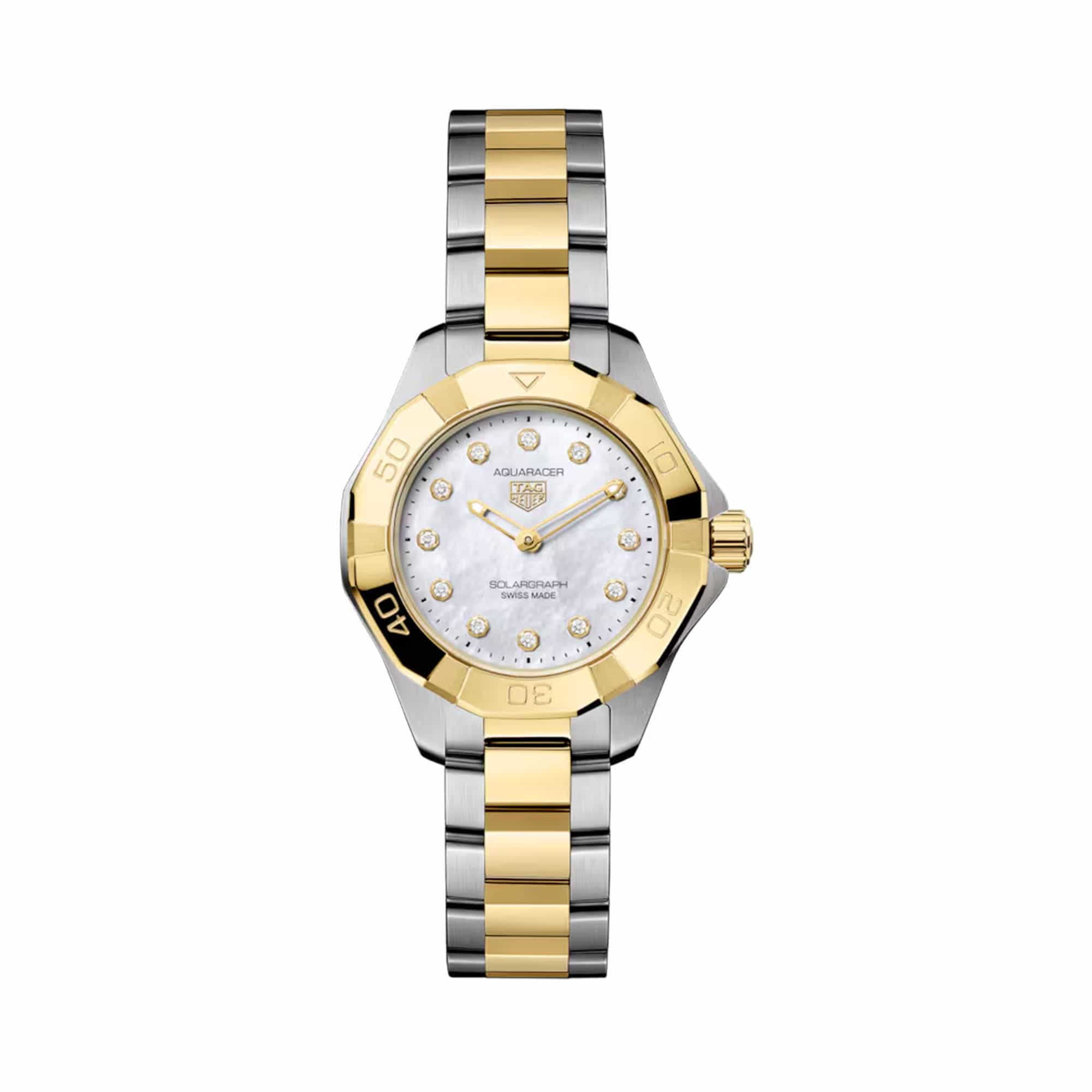 TAG Heuer Aquaracer Professional 100 Solargraph WBP1420.BB0006 shown face-on with its mother-of-pearl dial and diamond-set bezel fully visible. The two-tone bracelet is displayed straight down, showing its fine-brushed and polished link pattern.