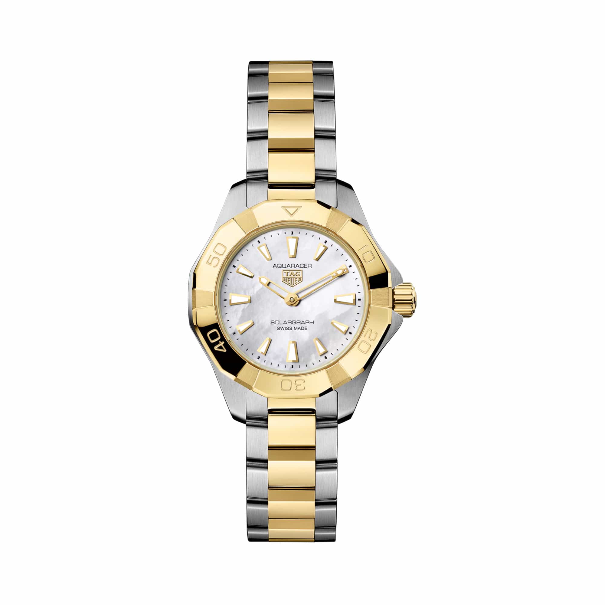 TAG Heuer Aquaracer Professional 100 Solargraph WBP1423.BB0006 shown face-on with its mother-of-pearl dial and gold-plated bezel fully visible. The two-tone bracelet is displayed straight down, showing its fine-brushed and polished link pattern.