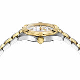 TAG Heuer Aquaracer Professional 100 Solargraph WBP1423.BB0006 photographed from a side profile, showing the case thickness and gold-plated crown. The two-tone bracelet and fixed bezel are visible together in frame.