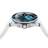 TAG Heuer Aquaracer Professional 300 Date WBP231N.FT6234 photographed from a side profile, showing the case thickness and screw-down crown. The white rubber strap and unidirectional bezel are visible together in frame.