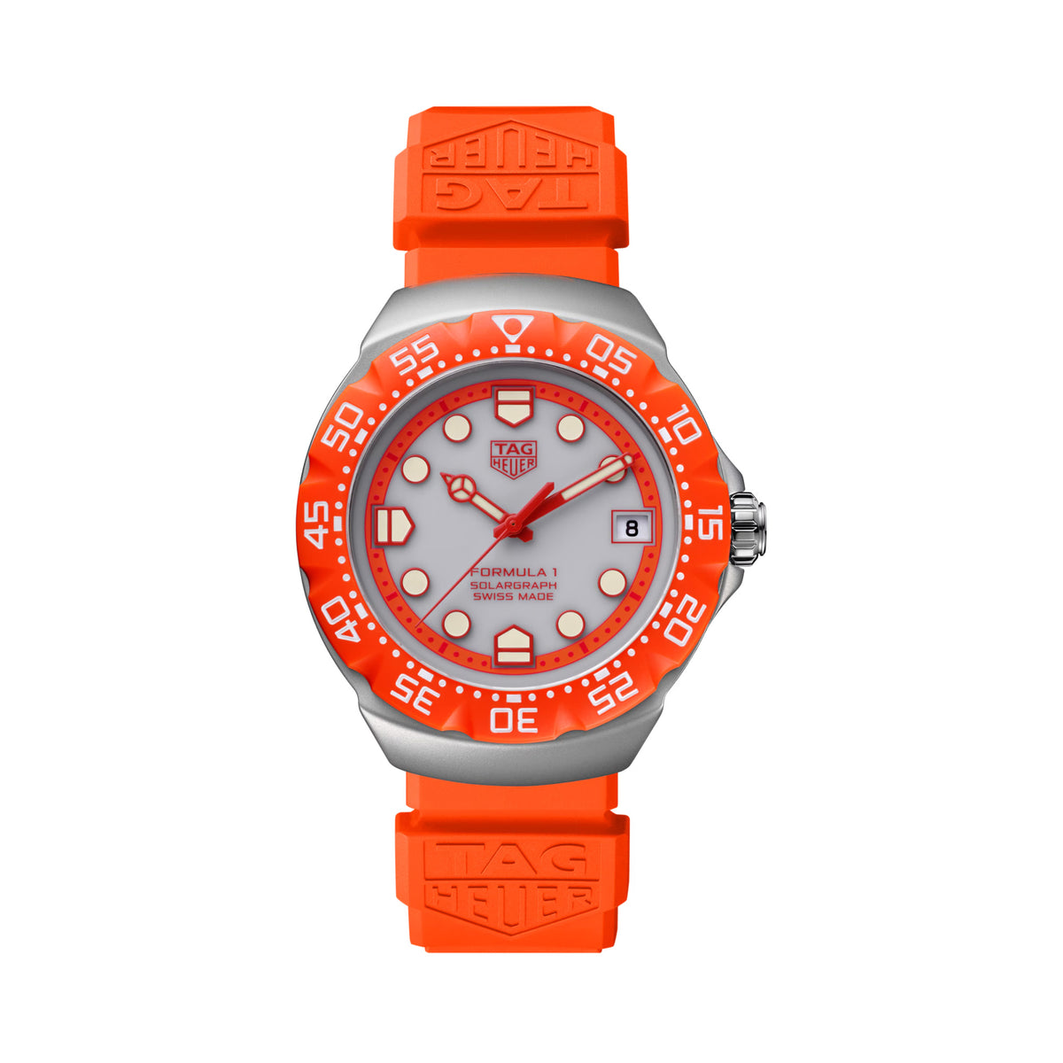 TAG Heuer Formula 1 Solargraph WBY111H.FT8128 shown face-on with its grey opalin dial and orange-red flange fully visible. The orange perforated rubber strap is displayed straight down, secured by a steel pin buckle.