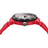 TAG Heuer Formula 1 Solargraph WBY1161.FT8086 photographed from a side profile, showing the case thickness and steel crown. The red rubber strap and black bezel are visible together in frame.