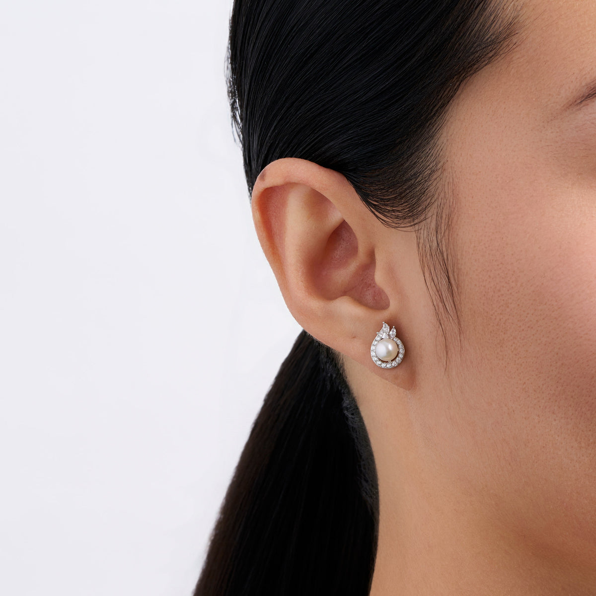 Freshwater Pearl & Cubic Zirconia Halo Stud Earrings in Sterling Silver