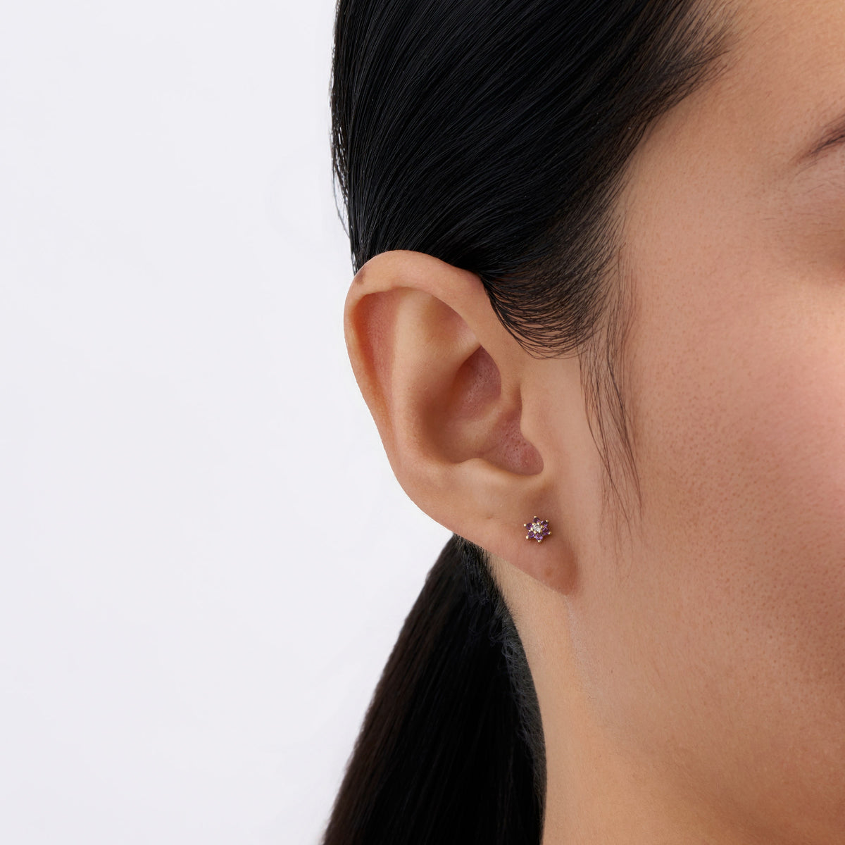 Amethyst & Diamond Floral Stud Earrings in 9ct Yellow Gold