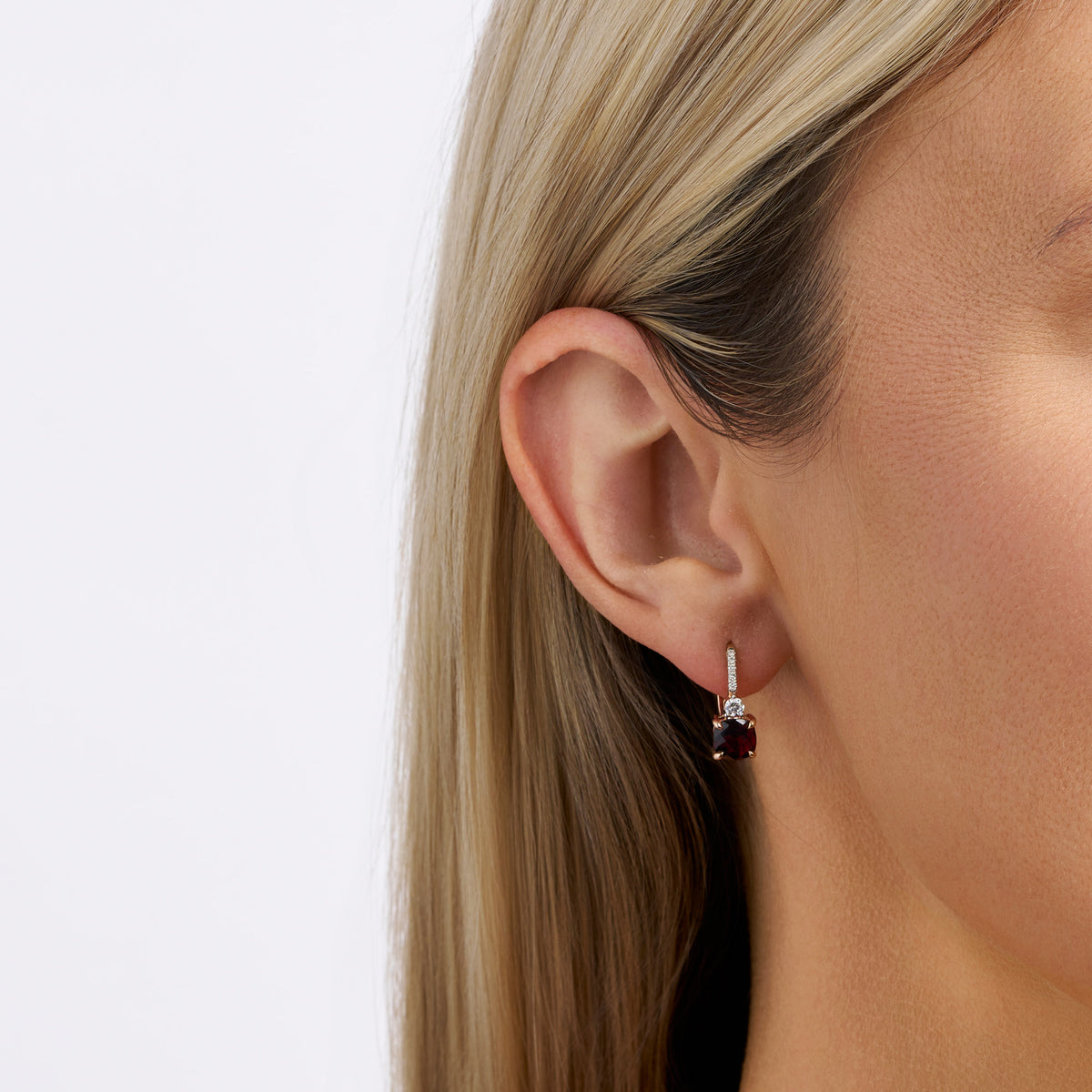 Rhodolite Garnet & Diamond Checkerboard Drop Earrings in 9ct Rose Gold