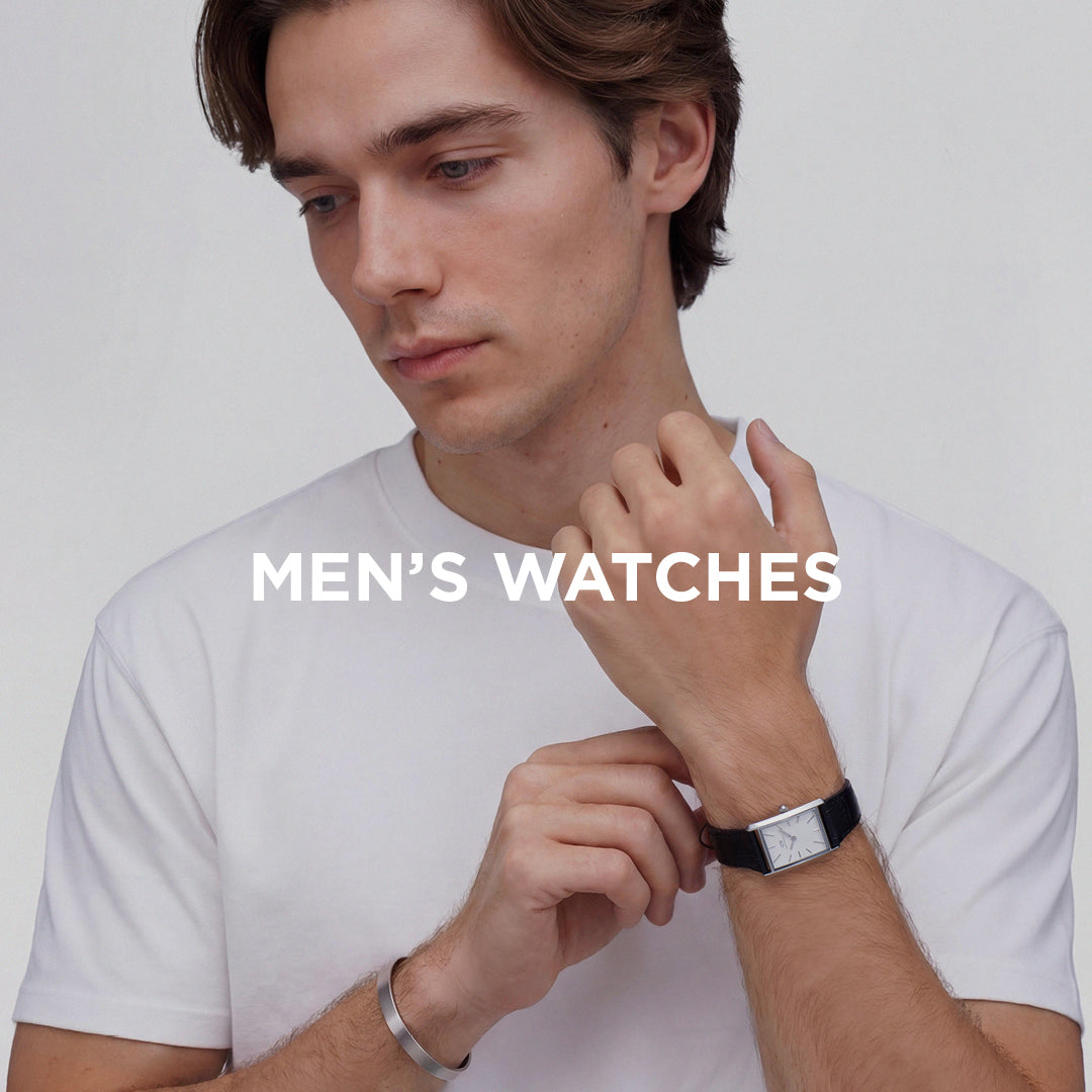 Man wearing a Daniel Wellington watch with 'MEN'S WATCHES' text overlay