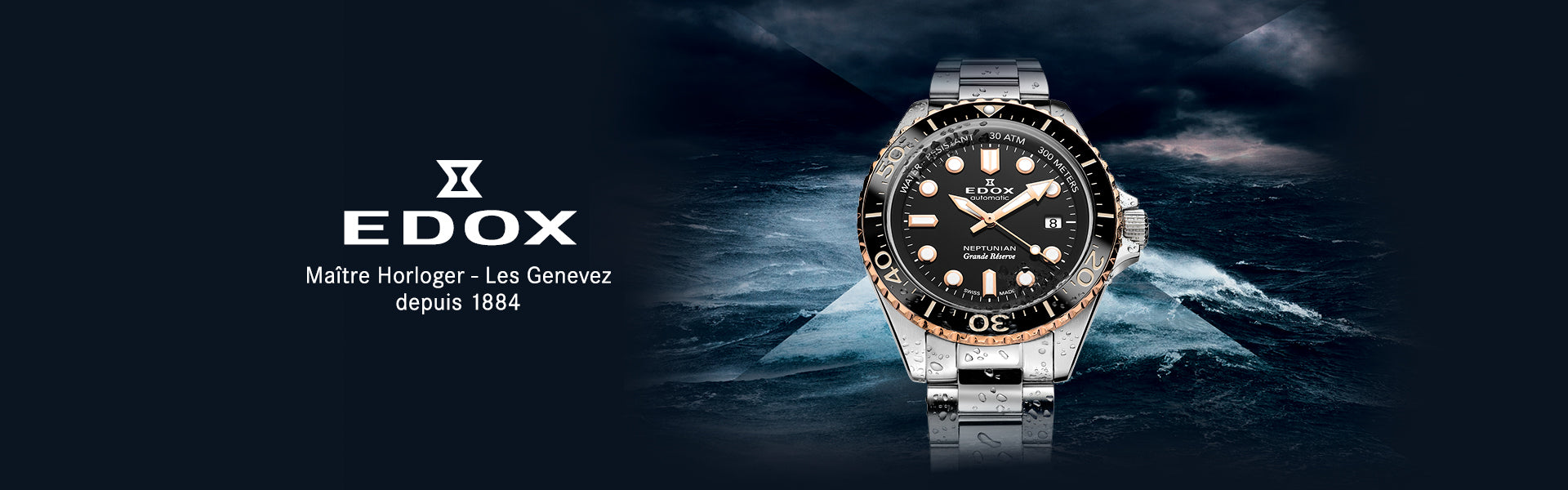 EDOX watch displayed on a dark background with the brand logo.