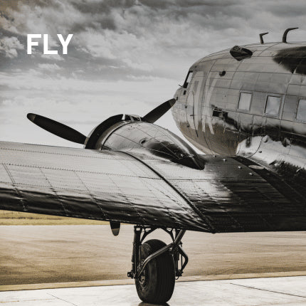 Vintage airplane on a runway with 'FLY' text overlay
