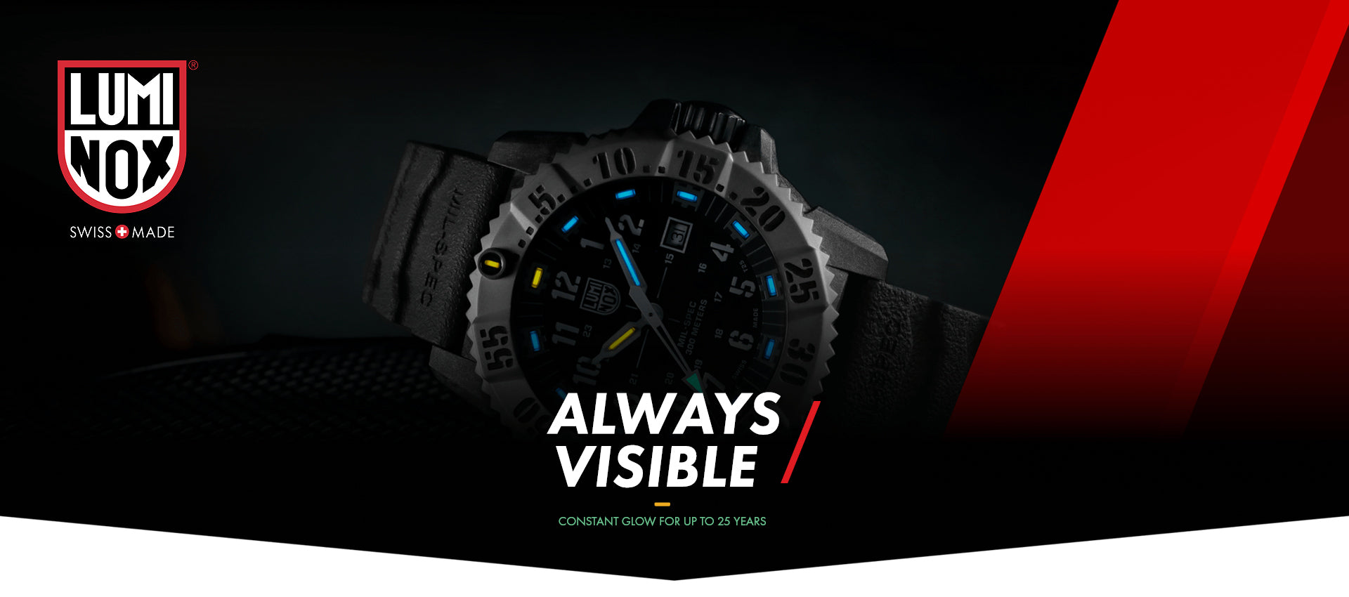 Black Luminox watch with blue accents on a black and red background, featuring LUMINOX branding.