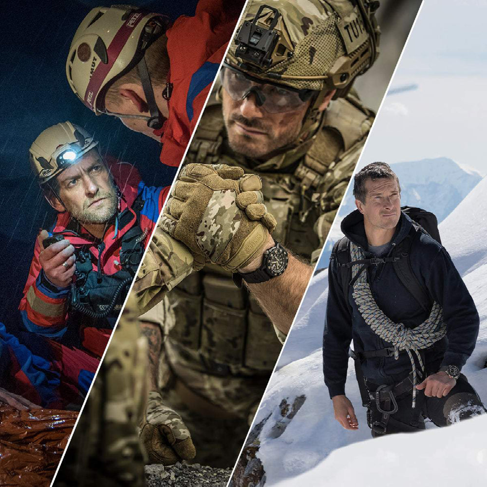 Collage of a person in various outdoor settings, including a snowy landscape and a dark setting.