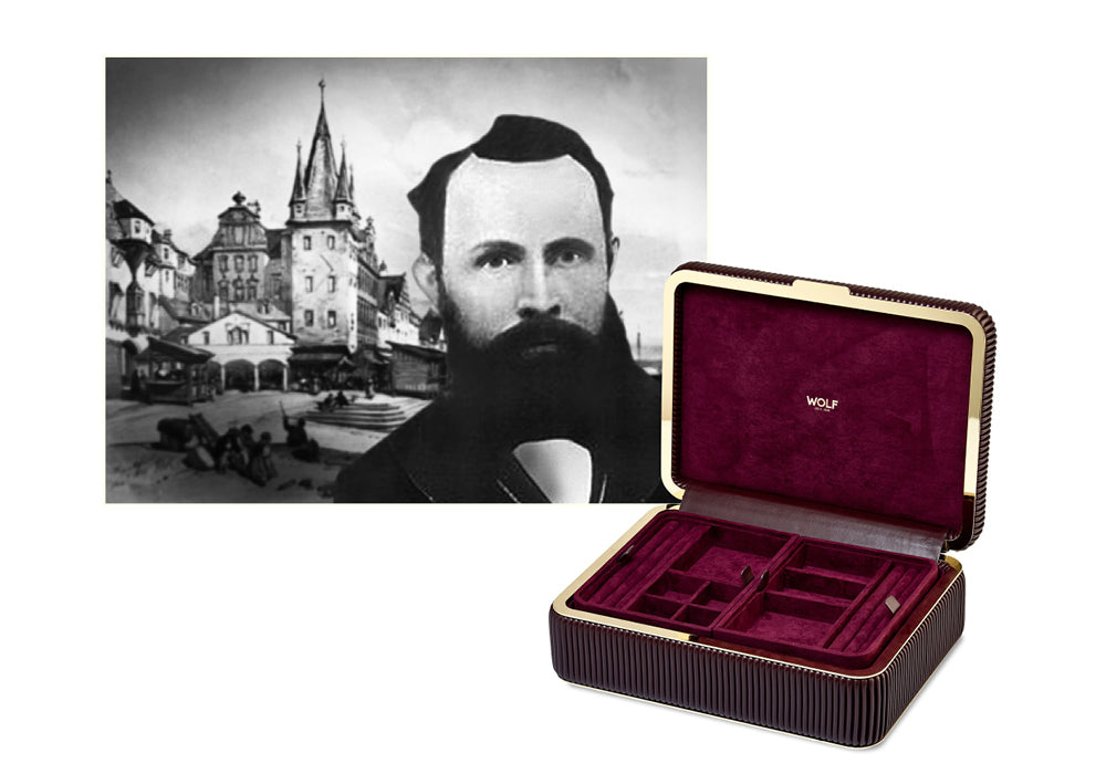 Open WOLF jewelry box, featuring a black and white photo of a man and a cityscape.